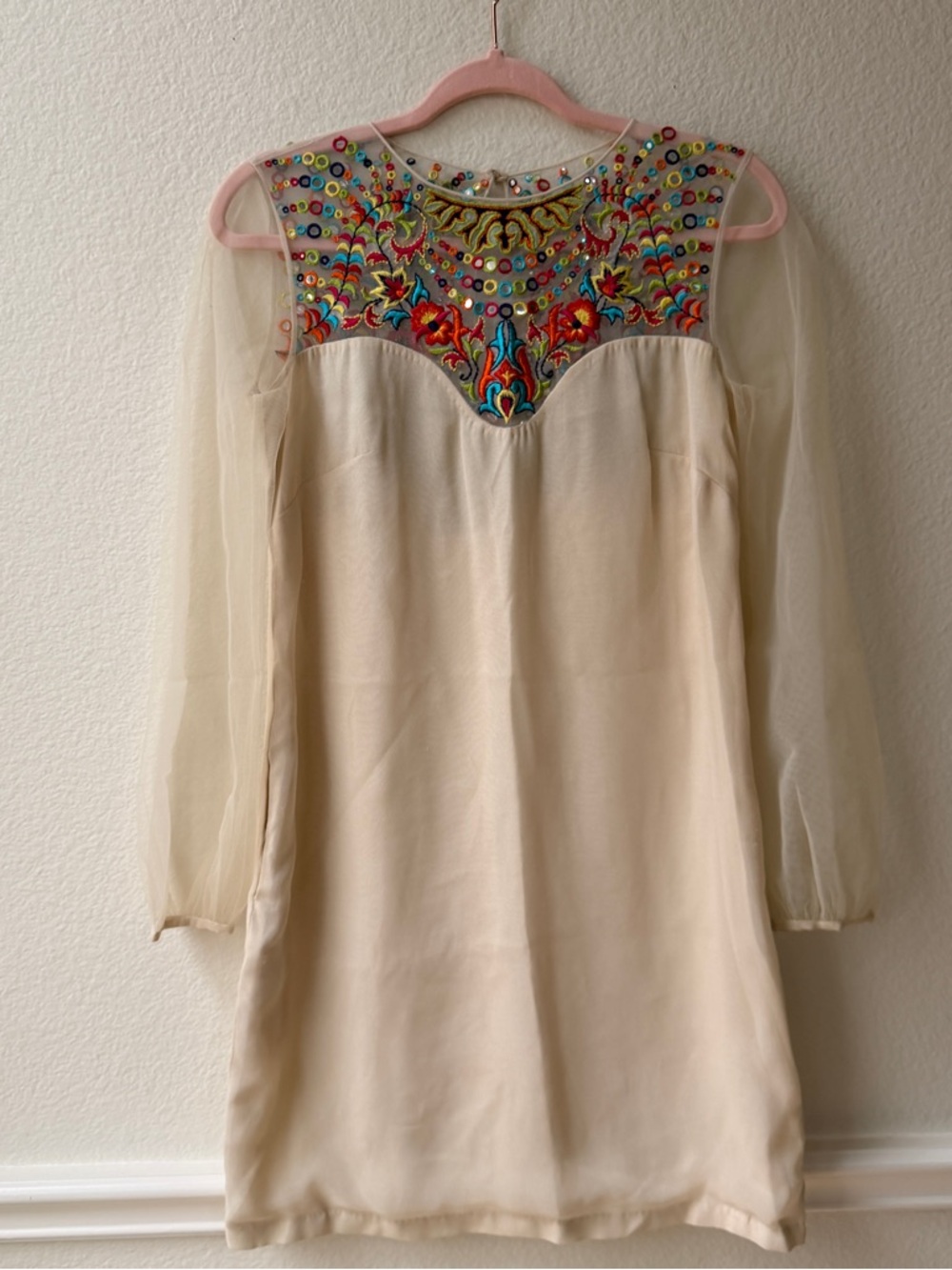 Embroidered Mini Dress Anthropologie Sheer Sleeve Boho Festival Folk Indie‎ S